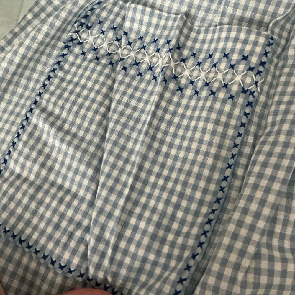 Vintage Handmade Blue Gingham Half Apron Embroidered 2 Pocket 70” Waist Tie